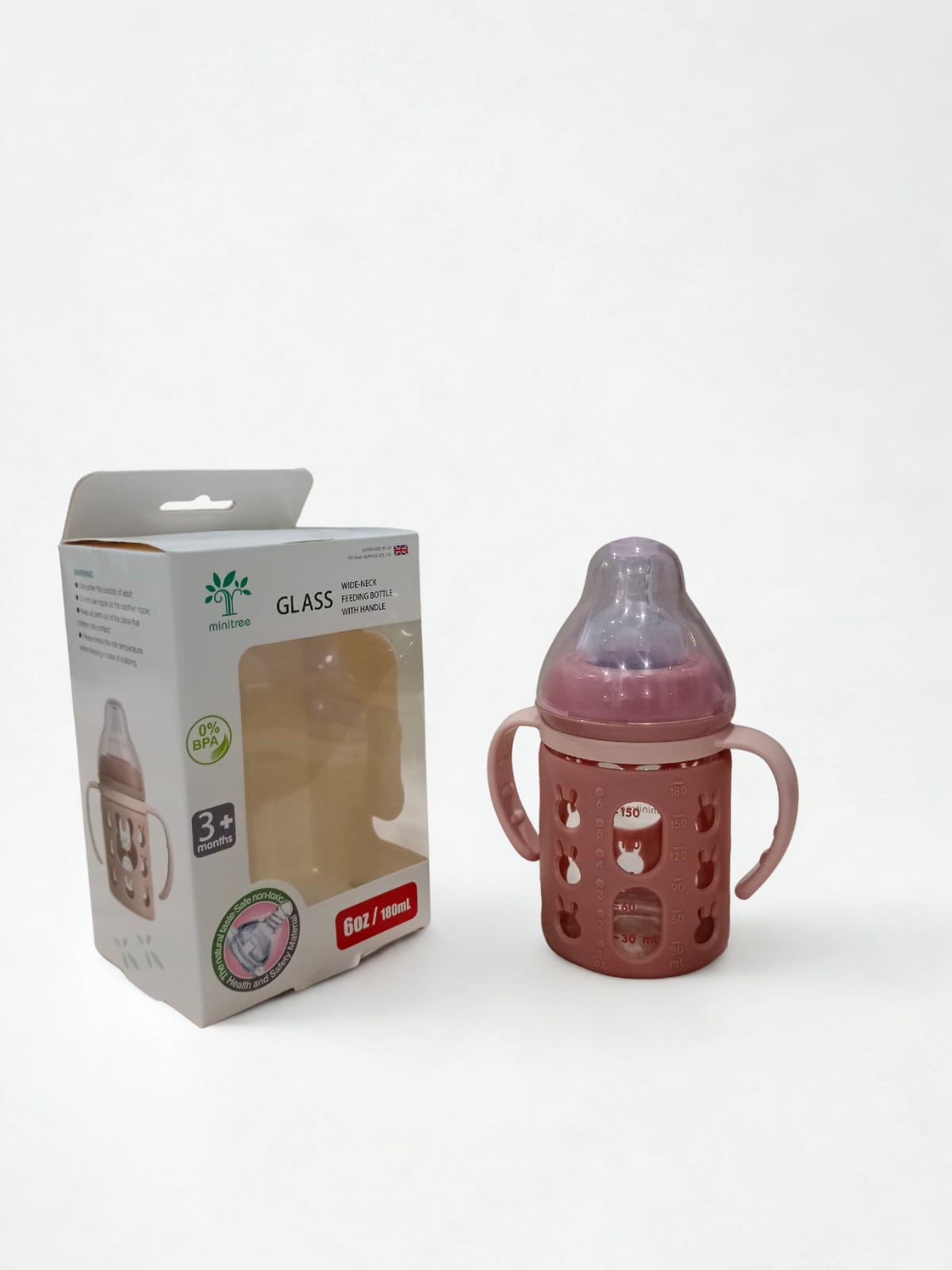 Minitree Wide-Neck Glass Feeding Bottle with Handle (180ml / 6oz)