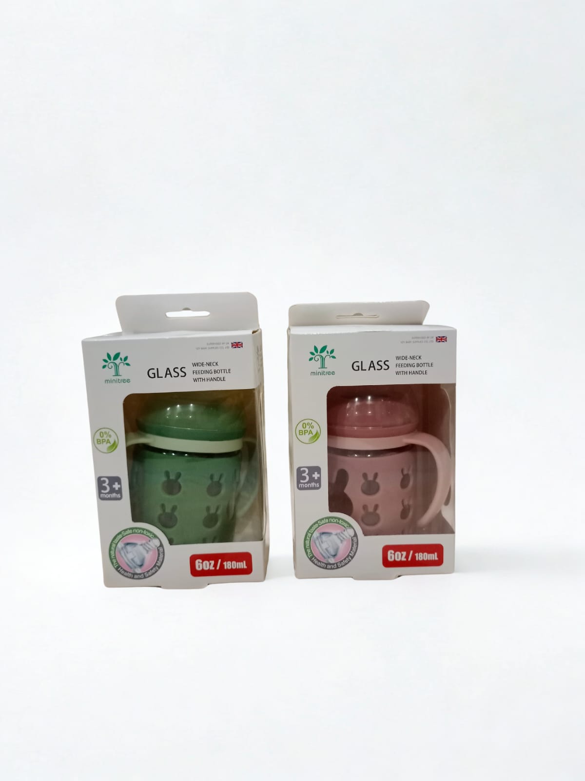 Minitree Wide-Neck Glass Feeding Bottle with Handle (180ml / 6oz)