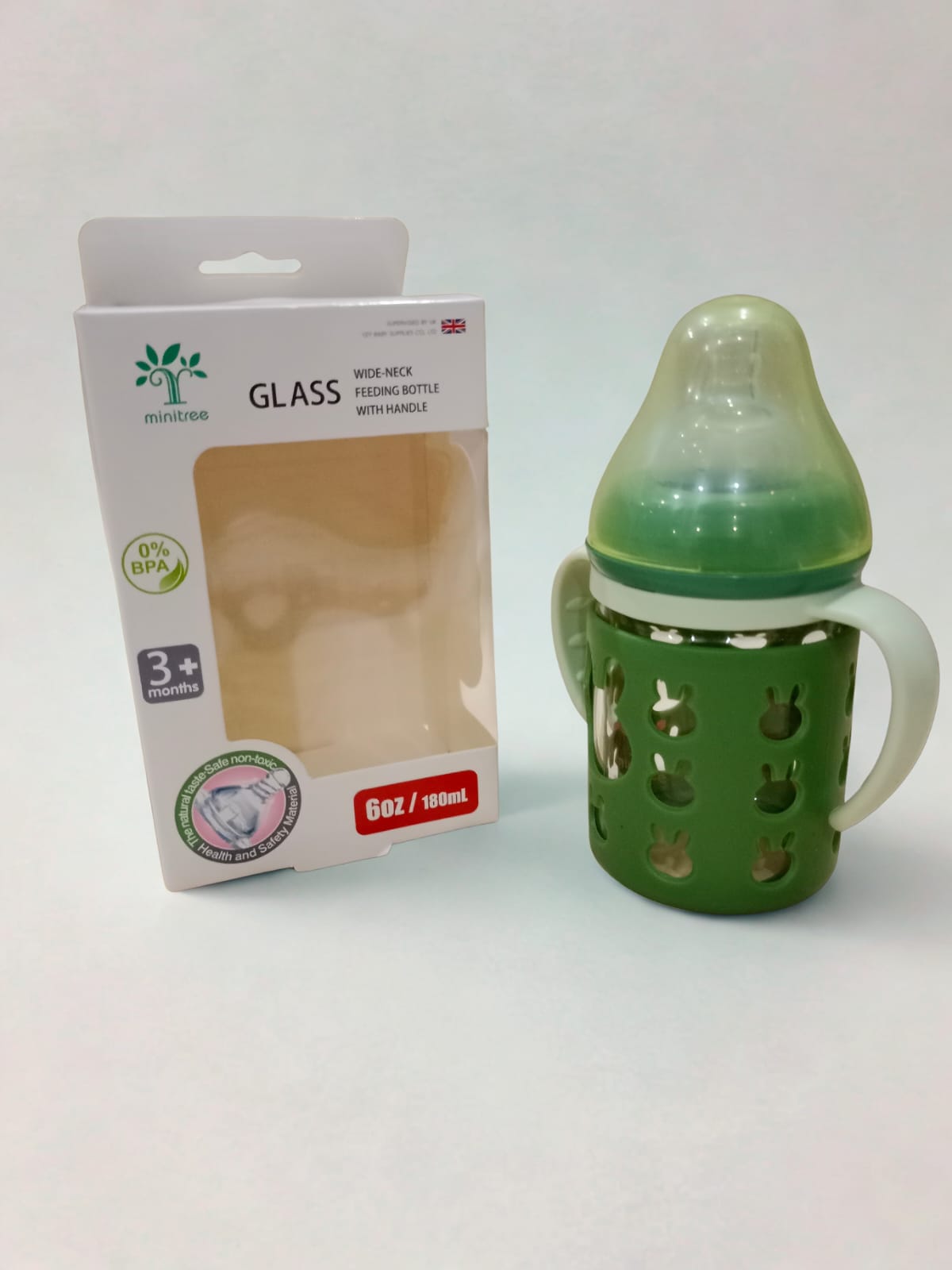 Minitree Wide-Neck Glass Feeding Bottle with Handle (180ml / 6oz)